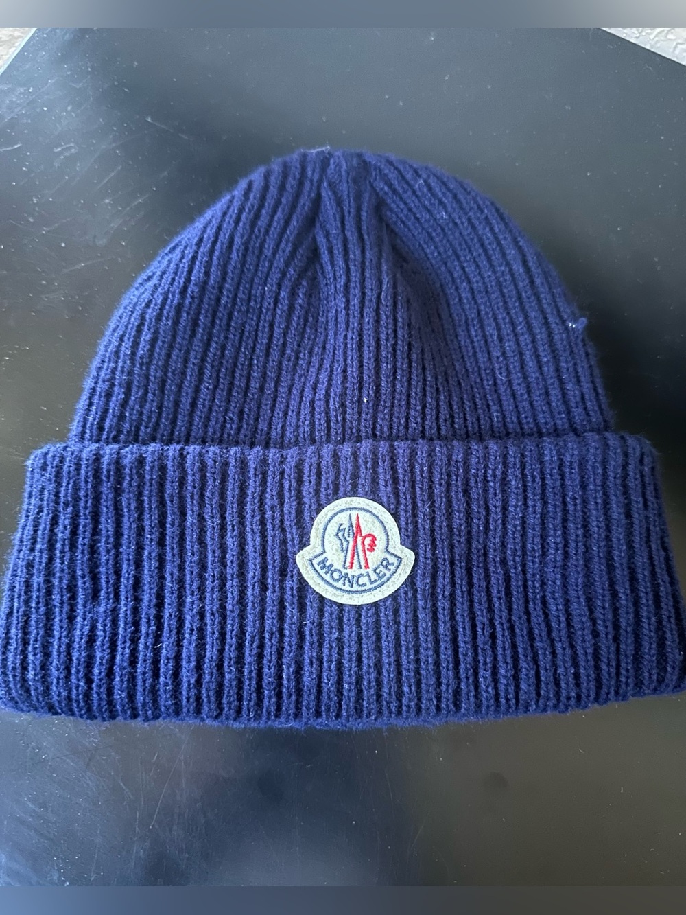 Moncler Navy Ribbed Wool Beanie with Logo Patch